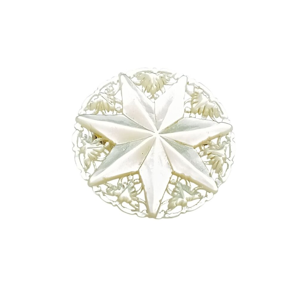 Bethlehem Vintage Mother of Pearl Filigree Star Brooch with Intricate Floral Des